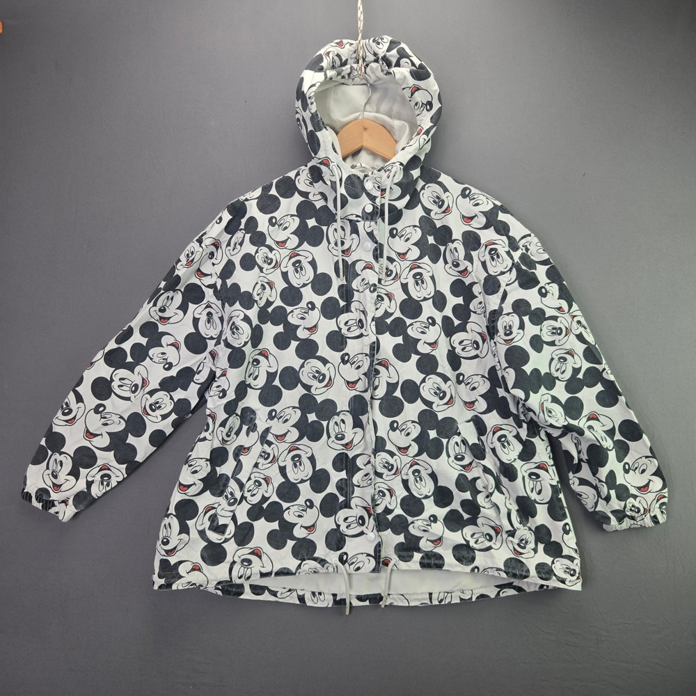 Disney Mickey Mouse Windbreaker Jacket M White All Over Print Hooded Zip Up 3430